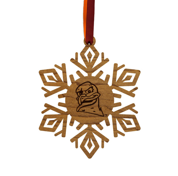 Virginia Tech Hokie Bird Snowflake Ornament – Crafted from Cherry and Maple Wood – Virginia Tech Hokies
