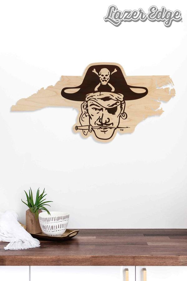 East Carolina University Pirate Head on State Wall Hanging - Crafted from Cherry or Maple Wood - ECU Pirates