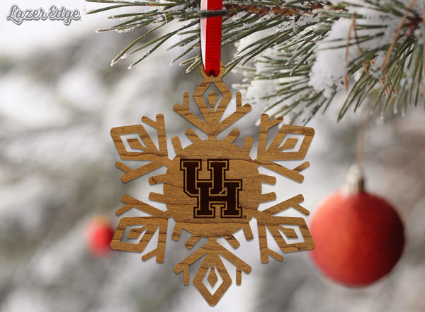 University of Houston UH Snowflake Ornament – Crafted from Cherry and Maple Wood – Houston Cougars
