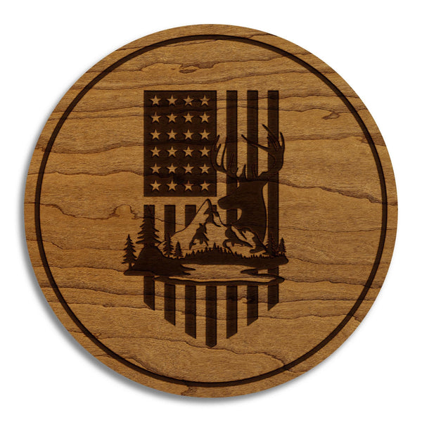 Flag Deer Hunting Coaster – Crafted from Cherry or Maple Wood