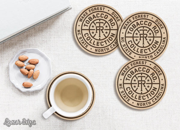 Tobacco Road Logo Wooden Coasters With Coaster Holder– Crafted from Cherry or Maple Wood