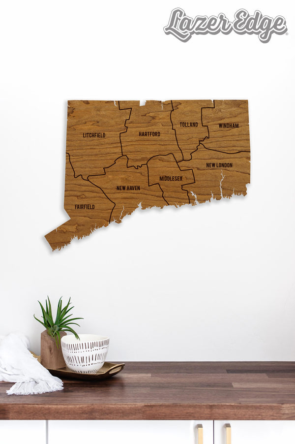 Connecticut County Map Wall Hanging - Crafted from Cherry or Maple Wood