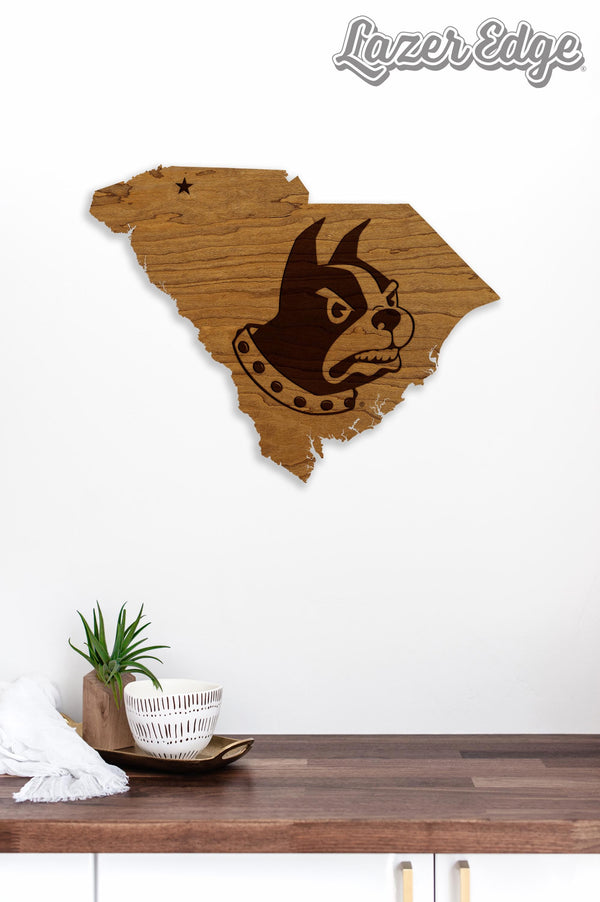 Wofford College Terrier on State Wall Hanging - Crafted from Cherry or Maple Wood - Wofford College