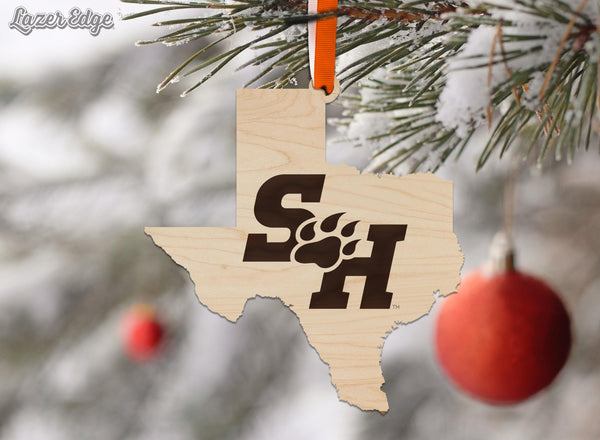 Sam Houston State University Logo on State Ornament – Crafted from Cherry and Maple Wood – Sam Houston Bearkats