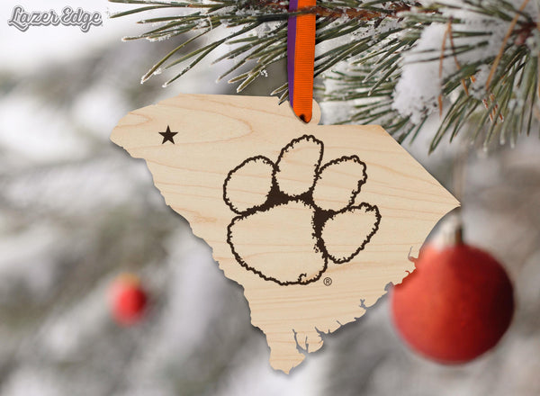 Clemson University Tiger Paw on State Ornament – Crafted from Cherry and Maple Wood – Clemson Tigers