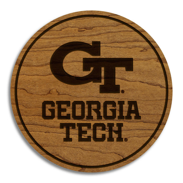 Georgia Tech Primary Mark and Wordmark Coaster – Crafted from Cherry or Maple Wood – Georgia Tech Yellow Jackets