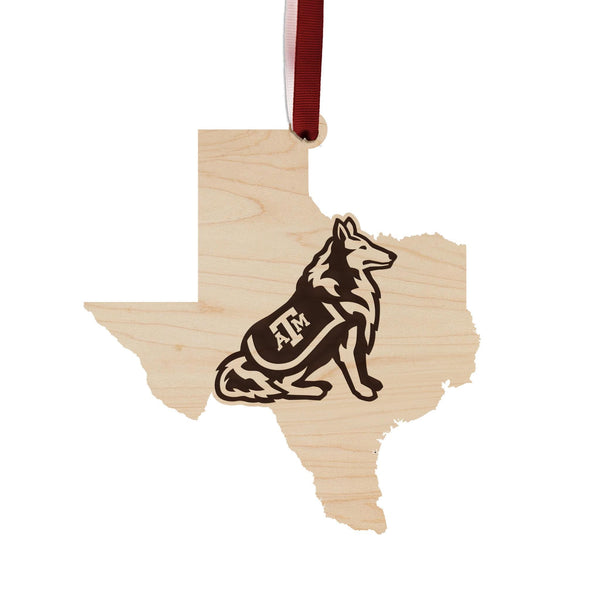 Texas A&M University Reveille Dog on State Ornament – Crafted from Cherry and Maple Wood – Texas A and M Aggies