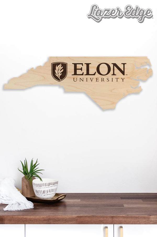 Elon University Academic Mark on State Wall Hanging - Crafted from Cherry and Maple Wood - Elon Phoenix