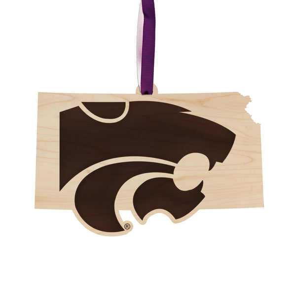 Kansas State University Wildcats on State Ornament – Crafted from Cherry and Maple Wood – Kansas State Wildcats