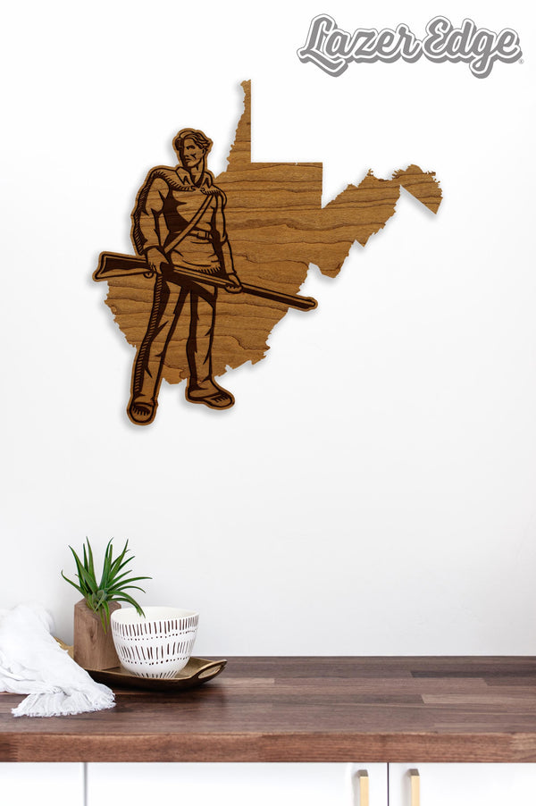 West Virginia University Mountaineer on State Wall Hanging - Crafted from Cherry and Maple Wood - West Virginia Mountaineers
