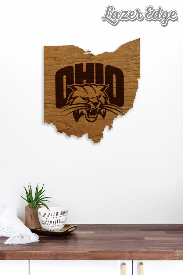 Ohio University Bobcats on State Wall Hanging - Crafted from Cherry or Maple Wood - Ohio Bobcats