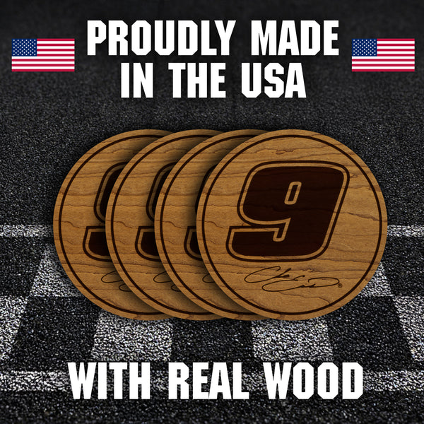 Chase Elliott #9 Wooden Coaster 4-Pack | Crafted from Cherry and Maple Wood | Made in USA | Officially Licensed by Hendrick Motorsports