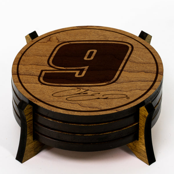Chase Elliott #9 Wooden Coaster 4-Pack | Crafted from Cherry and Maple Wood | Made in USA | Officially Licensed by Hendrick Motorsports