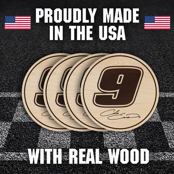 Chase Elliott #9 Wooden Coaster 4-Pack | Crafted from Cherry and Maple Wood | Made in USA | Officially Licensed by Hendrick Motorsports