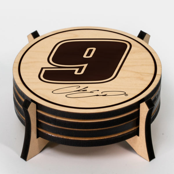 Chase Elliott #9 Wooden Coaster 4-Pack | Crafted from Cherry and Maple Wood | Made in USA | Officially Licensed by Hendrick Motorsports