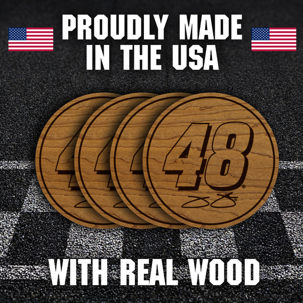 Jimmie Johnson #48 Wooden Coaster 4-Pack | Crafted from Cherry and Maple Wood | Made in USA | Officially Licensed by Hendrick Motorsports
