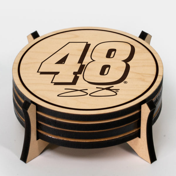 Jimmie Johnson #48 Wooden Coaster 4-Pack | Crafted from Cherry and Maple Wood | Made in USA | Officially Licensed by Hendrick Motorsports