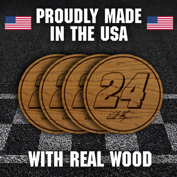 William Byron #24 Wooden Coaster 4-Pack | Crafted from Cherry and Maple Wood | Made in USA | Officially Licensed by Hendrick Motorsports