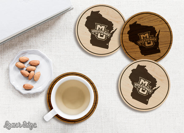 Marquette University On Wisconsin Coaster – Crafted from Cherry or Maple Wood – Marquette Golden Eagles