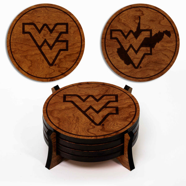 West Virginia University Wooden Coaster 4-Pack | Crafted from Cherry and Maple Wood | Made in USA