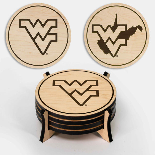 West Virginia University Wooden Coaster 4-Pack | Crafted from Cherry and Maple Wood | Made in USA