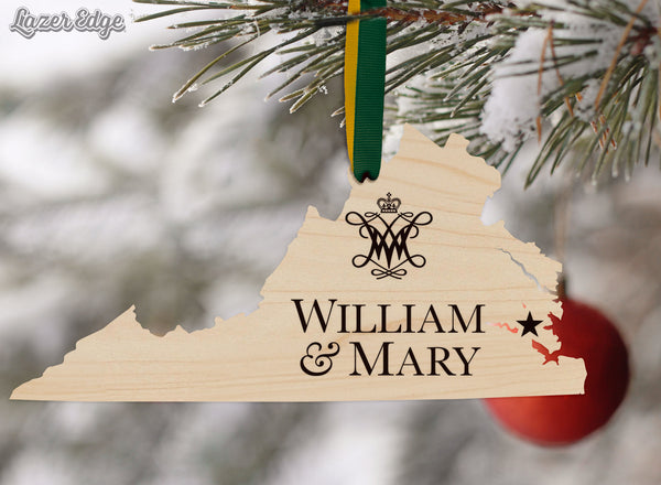 William and Mary Logo on State Ornament – Crafted from Cherry and Maple Wood – William and Mary Griffins