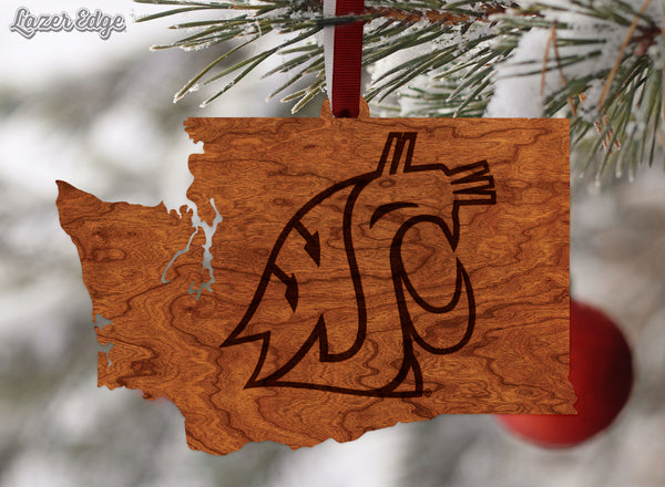 Washington State University Ornament Cougarhead on State Outline