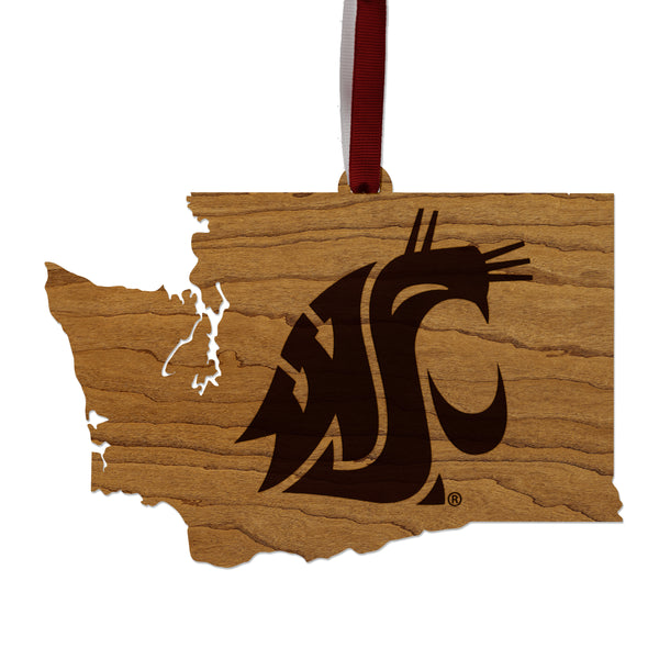 Washington State University Cougar on State Ornament – Crafted from Cherry and Maple Wood – Washington State Cougars