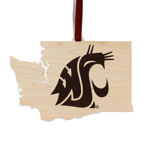 Washington State University Cougar on State Ornament – Crafted from Cherry and Maple Wood – Washington State Cougars
