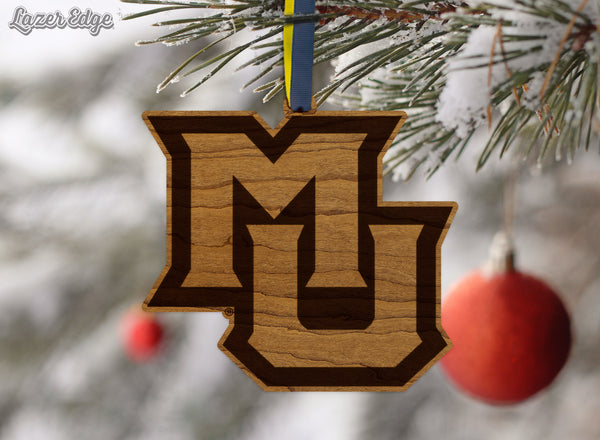 Marquette University Interlocked MU Ornament – Crafted from Cherry and Maple Wood – Marquette Golden Eagles