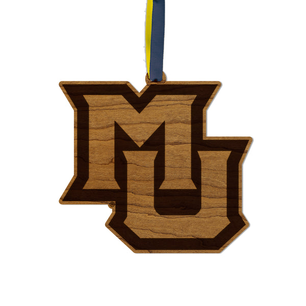 Marquette University Interlocked MU Ornament – Crafted from Cherry and Maple Wood – Marquette Golden Eagles