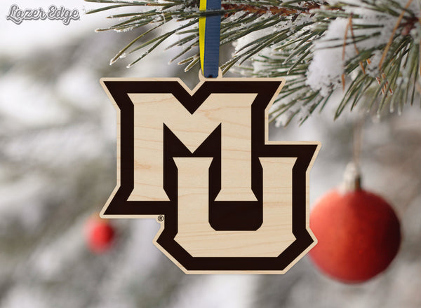 Marquette University Interlocked MU Ornament – Crafted from Cherry and Maple Wood – Marquette Golden Eagles