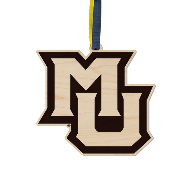 Marquette University Interlocked MU Ornament – Crafted from Cherry and Maple Wood – Marquette Golden Eagles
