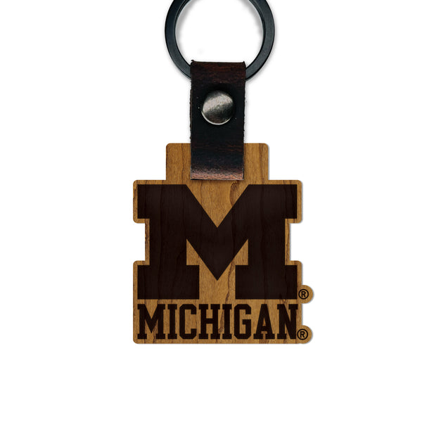 University of Michigan Wooden Keychain – Crafted from Cherry or Maple Wood