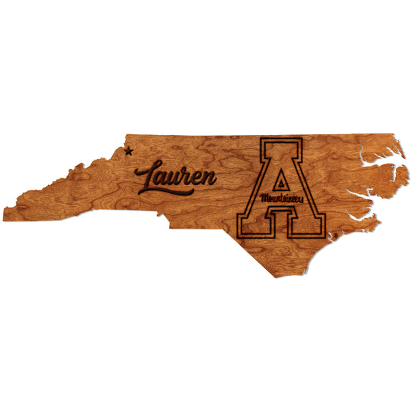 Appalachian State University App A Custom Name on North Carolina Outline Cherry Wall Hanging