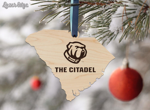 The Citadel Military College Bulldog on State Ornament – Crafted from Cherry and Maple Wood – The Citadel Bulldogs