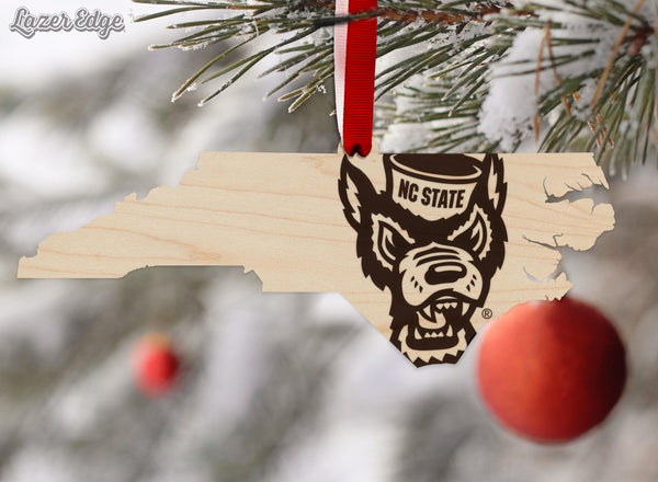 NC State University Tuffy on State Ornament – Crafted from Cherry or Maple Wood – North Carolina State Wolfpack