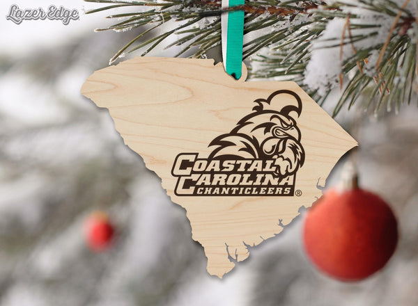 Coastal Carolina University Chanticleers on State Ornament – Crafted from Cherry and Maple Wood – Coastal Carolina Chanticleers