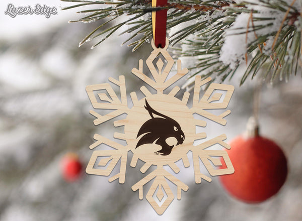 Texas State University Bobcats Snowflake Ornament – Crafted from Cherry and Maple Wood – Texas State Bobcats
