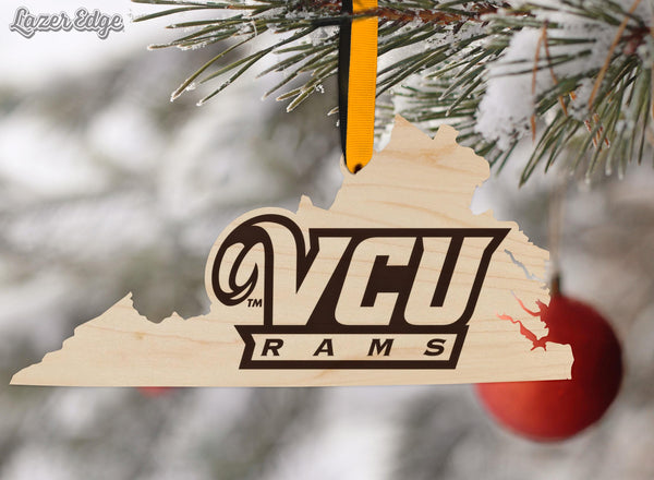 Virginia Commonwealth University Initials on State Ornament – Crafted from Cherry and Maple Wood – VCU Rams