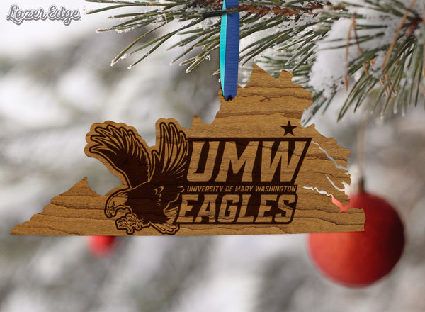University of Mary Washington Logo on State Ornament – Crafted from Cherry and Maple Wood – UMW Eagles