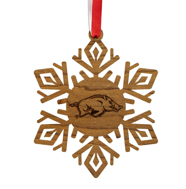 University of Arkansas Razorbacks Snowflake Ornament – Crafted from Cherry and Maple Wood - Arkansas Razorbacks