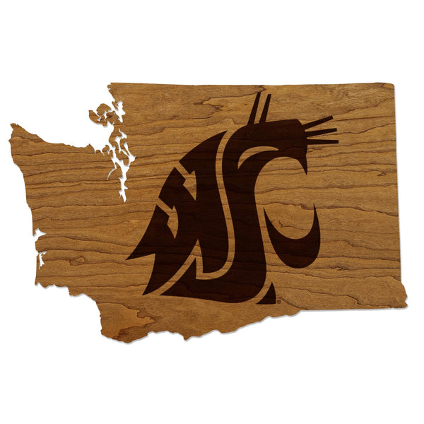 Washington State University Cougar on State Wall Hanging - Crafted from Cherry or Maple Wood - Washington State Cougars
