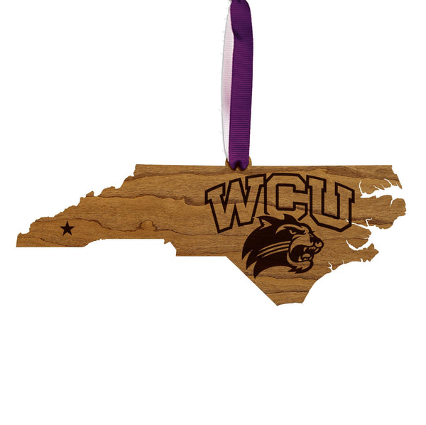 Western Carolina Catamounts on State Ornament – Crafted from Cherry and Maple Wood – WCU Catamounts