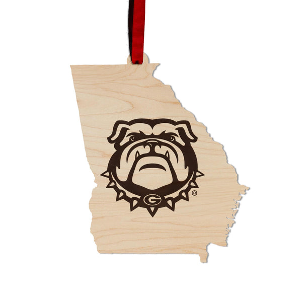 University of Georgia Bulldog on State Ornament - Crafted from Cherry or Maple Wood - Georgia Bulldogs