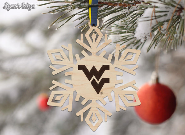 West Virginia University WV Snowflake Ornament – Crafted from Cherry and Maple Wood – West Virginia Mountaineers