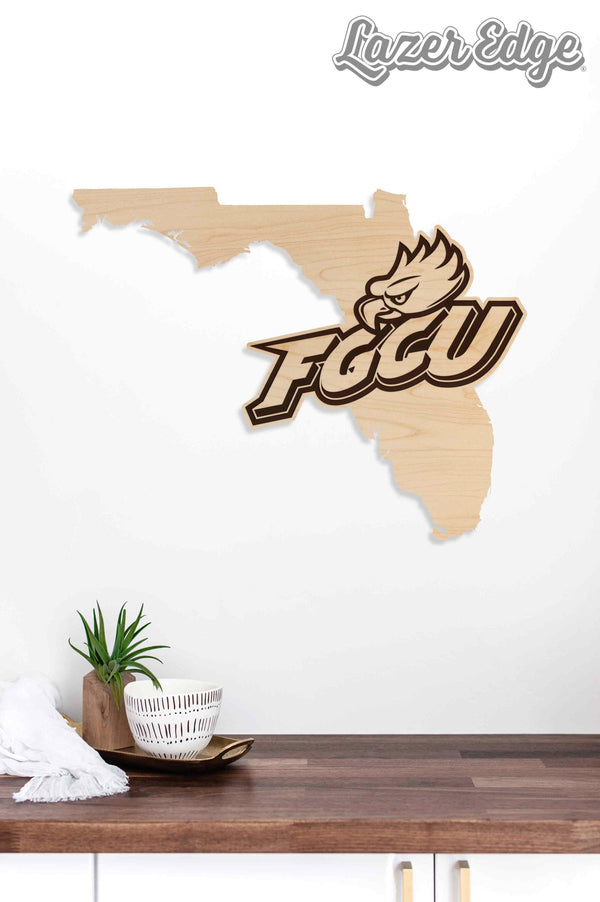 Florida Gulf Coast University FGCU with Eagle Head on State Wall Hanging - Crafted from Cherry or Maple Wood - FGCU Eagles