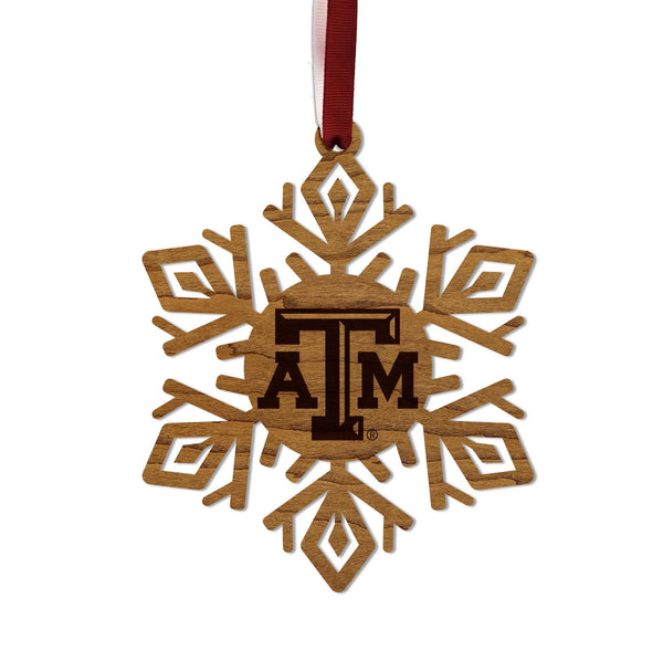 Texas A&M University TAM Snowflake Ornament – Crafted from Cherry and Maple Wood – Texas A and M Aggies