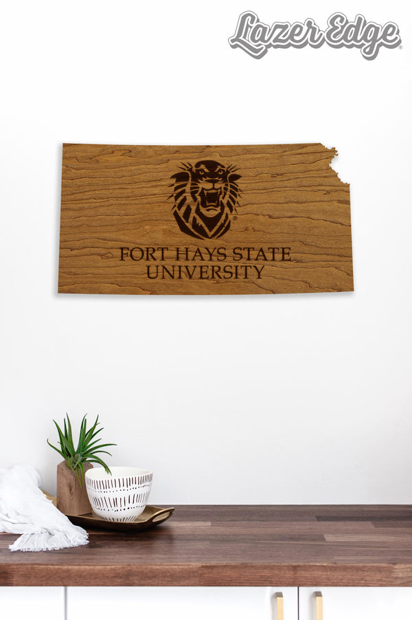 Fort Hays State University Tigers on State Wall Hanging - Crafted from Cherry or Maple Wood - Fort Hays State University Tigers
