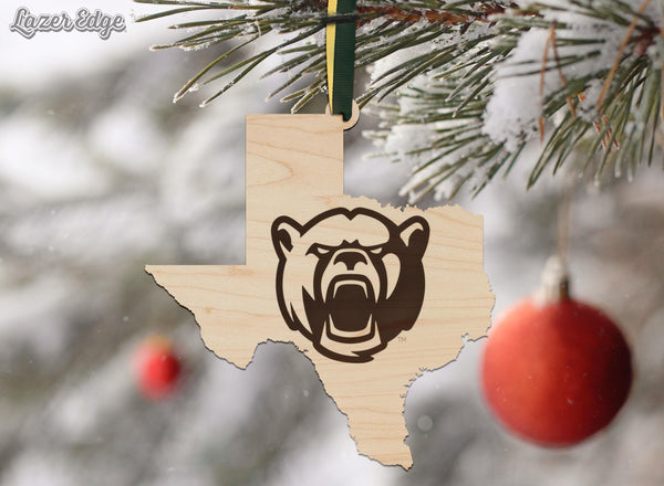 Baylor University Bear on State Ornament – Crafted from Cherry and Maple Wood – Baylor Bears